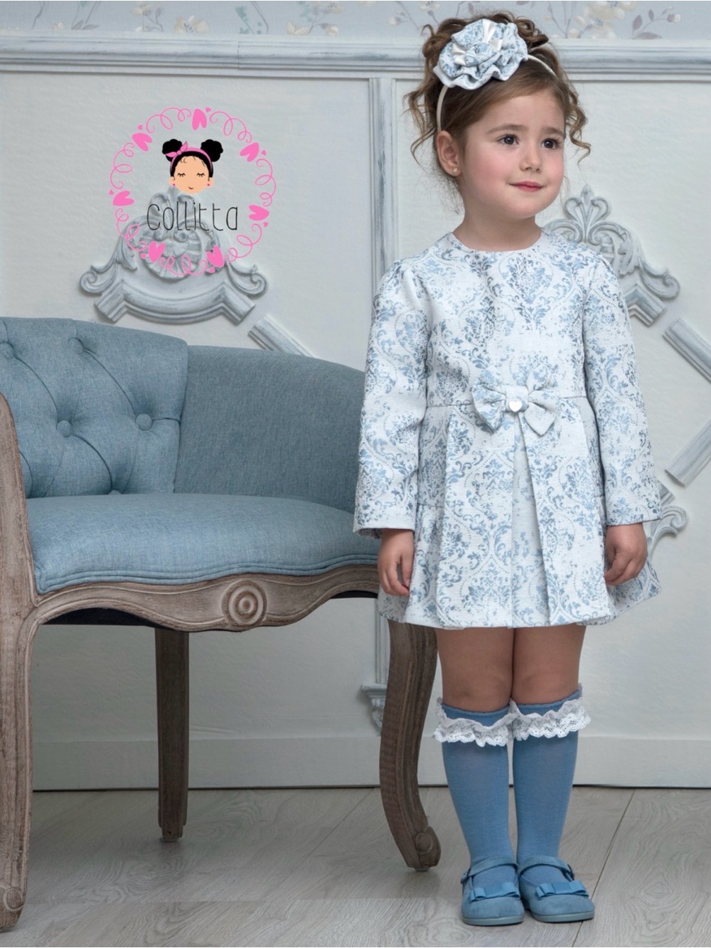 Girls Blue Floral Jacquard Dress with Bow - Collita